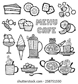 vector set of illustrations of items related to coffee, tea and dessert