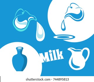 Vector set of illustrations of jugs of milk. illustration pouring fresh milk from glass jug on blue and blue background. 