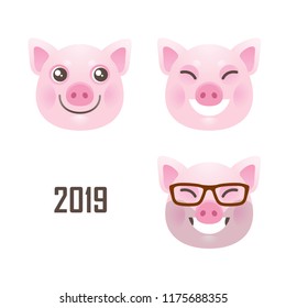 Vector set with a illustrations of kawaii pig, symbol of 2019 on the Chinese calendar on white backdrop. Yellow Earthy Pig. Element for New Year's design. Used for advertising, greetings, discounts.