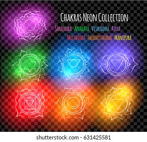 Vector set of illustrations of line art chakra symbols with neon glow on transparent background.