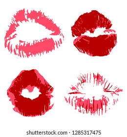 Vector set of illustrations. Lips, kisses, lipstick. Collection of romantic elements for graphic design. Love kisses