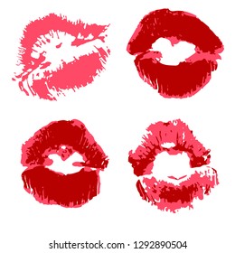 Vector set of illustrations. Lips, kisses, lipstick. Collection of romantic elements for graphic design