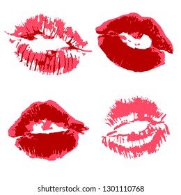 Vector set of illustrations. Lips, kisses, lipstick. Collection of romantic elements for graphic design. Love