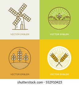 Vector set of illustrations and logo design templates in modern flat linear style - wind mill - bakery emblem - agriculture landscape 