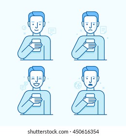 Vector set of illustrations of the male character in trendy flat linear style - guy holding mobile phone with different expressions of face - smartphone addict - receiving notifications and messages