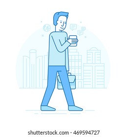 Vector set of illustrations of the male character in trendy flat linear style - guy holding mobile phone - smartphone addict - receiving notifications, messages and news from his device