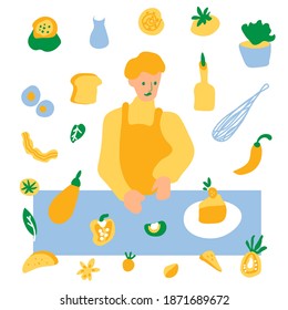 Vector set of illustrations with a man and ingredients in doodle style.Collection with cooking inorange,blue,green colors.Clip art with milk,pot,shrimp,pasta,bottle.Design for packaging,web,menu.