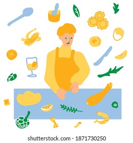 Vector set of illustrations with a man and ingredients in doodle style.Collection with cooking inorange,blue,green colors.Clip art with milk,pot,shrimp,pasta,bottle.Design for packaging,web,menu.