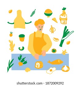 Conjunto vectorial de ilustraciones con un hombre y sus ingredientes en forma de doodle.Colección con colores naranja, azul, verde.Clip art con jengibre, queso, guisantes, panecillos, avena, cebollas parei.Diseño para el menú.