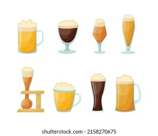 Vector set of illustrations of mugs and glasses of beer. Alcoholic beverages.