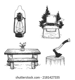 Vector set of illustrations of objects for camping. Hand drawn sketch of lantern, chair, axe and table with bench. Life in the camp. 