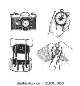 Vector set of illustrations of objects for camping. Hand drawn sketches of camera, backpack, compass and traveler's boots over the rock. Life of traveling. 
