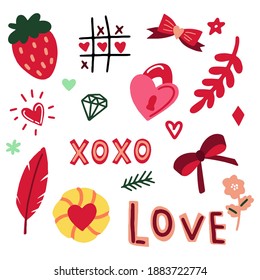 Vector set of illustrations. Objects for the holiday on February 14. Valentine's day attributes: heart-shaped castle, hearts, desserts, kisses