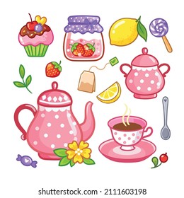 Conjunto vectorial de ilustraciones sobre el tema del té y los utensilios de té. Cuta colección de dibujos animados con pasteles y tetera.