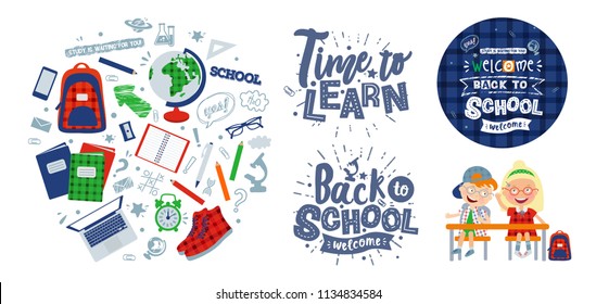 vector set of illustrations on the theme "back to school": characters schoolchildren, poster, lettering and objects for school: backpack, globe, sneakers, microscope, textbooks, alarm clock, notepad,