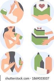 
Vector set of illustrations on the theme of beauty. Girls put on makeup cosmetics. Stylish illustrations for beauty salons, shops, souvenirs, packaging and website design.