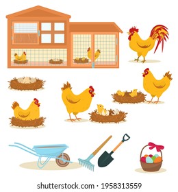 vector set of illustrations on the theme of chickens on a farm isolated on a white background