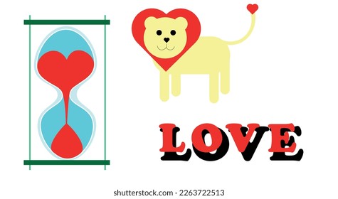 Vector set of illustrations on the theme of love. A lion with a heart-shaped mane, an hourglass with a heart instead of sand, the inscription 