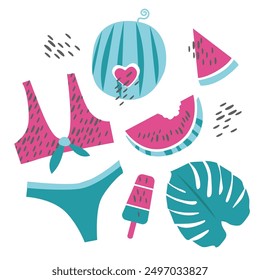 Vector set of illustrations on the theme of summer: watermelon, swimsuit, ice cream, monstera, palm tree. Flat style