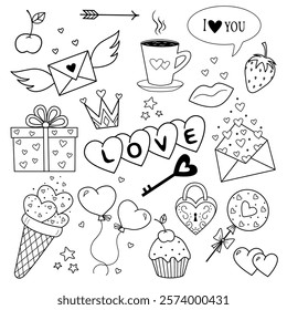 Vector set of illustrations on the theme of Valentine's Day. Wedding elements, hearts, romantic badges. A set of drawings for Valentine's Day. Designer illustration for Valentine's day wedding.