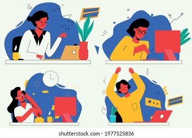 vector set with illustrations on the topic of work, business. a woman works at a computer, a woman does a warm-up at the workplace, a woman talks on the phone