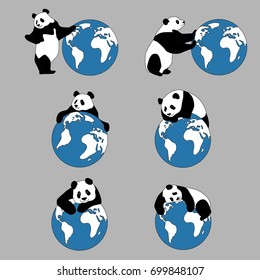 Vector set of illustrations of panda hugging and playing with Earth 