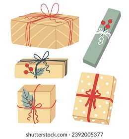 Vector set of illustrations of paper gift boxes on a white background. New Year, gift image. Concept for Christmas, New Year, holiday, gifts.