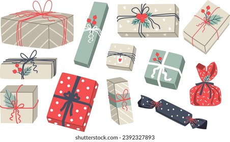 Vector set of illustrations of paper gift boxes on a white background. New Year, gift image. Concept for Christmas, New Year, holiday, gifts.