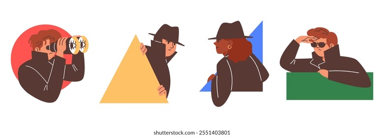 Vector set of illustrations with peeping people spies who look out from different geometric shapes. characters in black glasses, hat, binoculars and black cap on isolated background. Flat style.