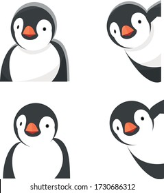 vector set of illustrations with a penguin in different angles colored icons
