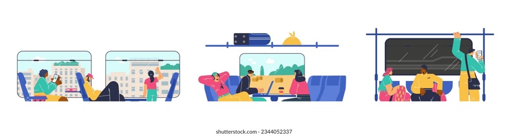 Vector set of illustrations people are sitting inside subway train on comfortable chairs. Railway station. Public transport, subway passengers in underground metro train. Flat doodle style, half body