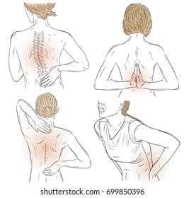 Vector set with illustrations with persons suffering from pain in the back. Worried back. Injured person.  Sketch. 