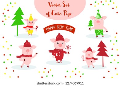 Vector set of illustrations with Pig and Happy New Year text. Zodiac symbol of 2019 year. Cute cartoon pig useful for invitations, scrapbook, Christmas card, poster, sticker, clip art. 