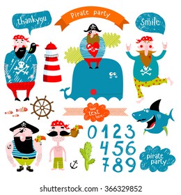 Vector set of illustrations for a pirate party