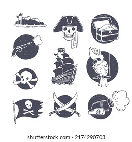 Vector set of illustrations of pirate symbols. Hand drawn doodle elements for adventure stickers or tattoo design. 