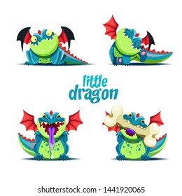 Vector set of illustrations of playful little dragon in different poses.