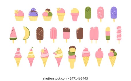 Vector set of illustrations of popsicles and fruit ice creams. 25 elements