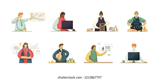 Conjunto vectorial de ilustraciones de empleados profesionales del sector financiero. Estilo plano