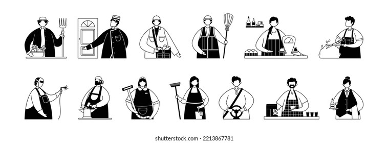 Vector set of illustrations of professional service workers and artisans. Line art