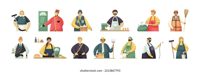 Vector set of illustrations of professional service workers and artisans. Flat style