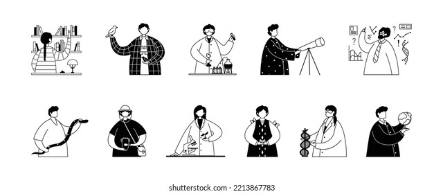 Vector set of illustrations of professional workers in the scientific field. Line art