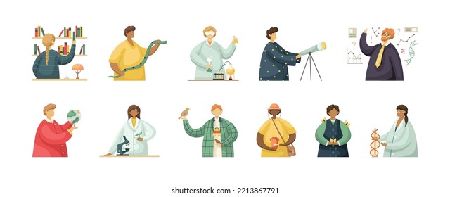 Vector set of illustrations of professional workers in the scientific field. Flat style