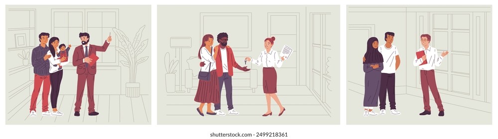 Vector set of illustrations of realtors demonstrating real estate and handing over keys to married couples of different races. Real estate agents and clients are depicted in a cartoon style.