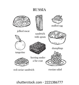 Conjunto de vectores de ilustraciones de platos rusos de Navidad. Año Nuevo. La comida tradicional de Rusia.