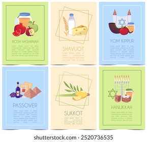 Un conjunto de ilustraciones de Vector que muestran carteles con Elementos tradicionales para las fiestas judías, incluidos Rosh Hashanah, Shavuot, Yom Kippur y más. Estilo plano de la historieta con el lugar para el texto.