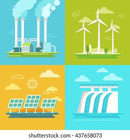 Vector set of illustrations in simple flat style - alternative and renewable energy - wind-powered electrical generators, hydroelectric station, geothermal power station ans solar panels