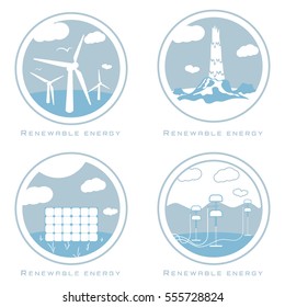 Vector set of illustrations in simple flat style - alternative and renewable energy - wind-powered electrical generators, wave energy, geothermal power station and solar panels