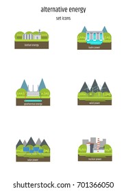 Vector set of illustrations in simple flat style - alternative and renewable energy - wind-powered electrical generators, hydroelectric station, geothermal power station ans solar panels