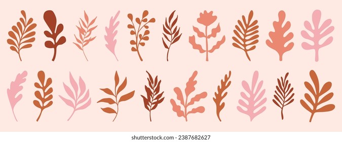 Vector set of  illustrations in simple hand drawn and linocut style - natural print, poster or logo design templates - flowers and leaves