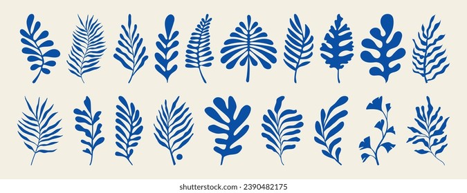 Vector set of  illustrations in simple hand drawn and linocut style - natural print, poster or logo design templates - flowers and leaves